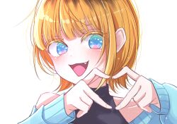 Rule 34 | 1girl, :3, bare shoulders, blonde hair, blue eyes, blue sweater, blush, commentary, fang, jin (jin04 07), long sleeves, looking at viewer, mem-cho, multicolored hair, no pupils, off-shoulder sweater, off shoulder, open mouth, oshi no ko, puffy sleeves, roots (hair), shadow, short hair, sidelocks, simple background, smile, solo, sweater, upper body, white background
