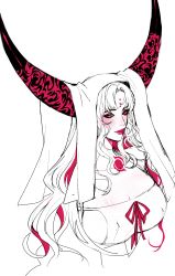 Rule 34 | 1girl, absurdres, black horns, blush, breasts, chest tattoo, cleavage, collarbone, colored shadow, demon horns, ennuigrl, covered erect nipples, facial mark, fate/extra, fate/extra ccc, fate (series), forehead mark, habit, highres, horns, huge breasts, light smile, monochrome, pink eyeshadow, pink hair, pink lips, pink ribbon, pink theme, revealing clothes, ribbon, sessyoin kiara, shadow, sideboob, spot color, tattoo, upper body, veil, yellow eyes