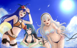 Rule 34 | 3girls, :d, ;d, ball, beachball, belly chain, bikini, black bikini, black hairband, black ribbon, blue bikini, blue eyes, blue hair, blue sky, breasts, byleth (female) (fire emblem), byleth (female) (summer) (fire emblem), byleth (fire emblem), cleavage, closed mouth, collarbone, corrin (female) (fire emblem), corrin (fire emblem), criss-cross halter, day, fire emblem, fire emblem: path of radiance, fire emblem: three houses, fire emblem fates, floating hair, flower, from below, green eyes, hair flower, hair ornament, hairband, halterneck, hibiscus, highres, jewelry, long hair, looking at viewer, medium breasts, mia (fire emblem), mismatched bikini, multiple girls, nintendo, official alternate costume, one eye closed, open mouth, orange bikini, outdoors, outstretched arm, red eyes, red flower, ribbon, ryuusaki rei, sideboob, silver hair, sky, smile, sun, swimsuit, thigh strap, underboob, very long hair, wading