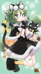Rule 34 | 1girl, :o, animal, animal ear fluff, animal ear legwear, animal ears, bags under eyes, balloon, bandaid, bandaid on leg, benghuai xueyuan, black-framed eyewear, black capelet, black cat, black dress, black footwear, bow, breathing on hands, capelet, cat, cat ears, cat girl, cat tail, coke-bottle glasses, commentary request, dress, eyewear on head, full body, fur-trimmed capelet, fur-trimmed dress, fur trim, glasses, green background, green eyes, green hair, hair between eyes, hands up, highres, honkai (series), looking at viewer, official art, parted lips, paw shoes, simple background, snowflakes, socks, solo, star (symbol), stuffed animal, stuffed lion, stuffed toy, tail, tail bow, tail ornament, white bow, yellow bow, yellow socks, yssring leavtruth