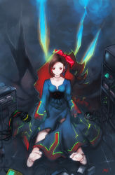 Rule 34 | 1girl, barefoot, blue dress, bow, breasts, brown hair, cable, choker, collarbone, crt, doll joints, dress, forehead, highres, joints, kobayashi yuji, looking at viewer, medium breasts, ponytail, red bow, red eyes, sidelocks, sitting, solo, tagme, television, torn clothes, torn dress