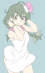 Rule 34 | 1girl, :o, absurdres, bad id, bad twitter id, bare arms, bare shoulders, blue background, bracelet, braid, copyright request, donguri suzume, dress, flower, green hair, hair flower, hair ornament, hands up, highres, jewelry, long hair, looking at viewer, orange eyes, pink flower, simple background, solo, standing, sundress, twin braids, white dress