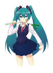 Rule 34 | 1girl, 2h5roa, aqua eyes, aqua hair, bad id, bad pixiv id, bandaid, bandaid on face, clenched hand, cowboy shot, female focus, hatsune miku, holding, long hair, necktie, pleated skirt, red necktie, simple background, skirt, solo, spring onion, sweater vest, twintails, very long hair, vocaloid, white background, wing collar