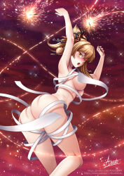 Rule 34 | 1girl, :o, adsouto, armpits, arms up, artist name, ass, bandages, bare arms, blonde hair, blush, breasts, cloud, cloudy sky, convenient censoring, dusk, fireworks, floating hair, genshin impact, half updo, highres, holding, large breasts, long hair, looking at viewer, naked bandage, outdoors, patreon username, signature, sky, solo, twisted torso, twitter username, underboob, watermark, web address, yellow eyes, yoimiya (genshin impact)