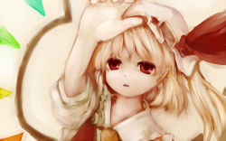 Rule 34 | 1girl, arm up, bad id, bad pixiv id, blonde hair, flandre scarlet, hat, hat ribbon, looking at viewer, mob cap, nishi masakazu, open hand, parted lips, pointy ears, red eyes, ribbon, short hair, side ponytail, solo, tan background, touhou, upper body, wings