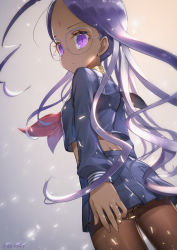 Rule 34 | 1girl, ahoge, ass, back, bloom, breasts, closed mouth, cowboy shot, crop top, crop top overhang, dark skin, dutch angle, expressionless, fate/extra, fate (series), forehead, forehead jewel, from behind, from below, glasses, glint, gold, highres, light particles, long hair, long sleeves, looking at viewer, looking back, nape, neckerchief, pantyhose, parted bangs, purple eyes, purple hair, rani viii, sailor collar, school uniform, simple background, small breasts, tansan daisuki, thighband pantyhose, very long hair