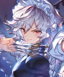 Rule 34 | 1girl, between fingers, blue dress, blush, breasts, commentary, dress, hair between eyes, holding, holding knife, holding weapon, izayoi sakuya, knife, knives between fingers, large breasts, looking at viewer, maid, maid headdress, puffy short sleeves, puffy sleeves, red eyes, shirt, short hair, short sleeves, silver hair, smile, solo, touhou, u u zan, upper body, v-shaped eyebrows, weapon, white shirt, wrist cuffs
