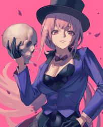 Rule 34 | 1girl, bad id, bad twitter id, black gloves, black hair, black headwear, black skirt, blue jacket, breasts, cleavage, detached collar, gloves, hand on own hip, highres, holding, holding skull, hololive, hololive english, jacket, long hair, looking at viewer, mori calliope, necktie, open mouth, pantyhose, pink background, pink hair, ponytail, purple neckwear, red eyes, simple background, skirt, skull, smile, solo, sooon, standing, very long hair, virtual youtuber