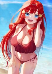 Rule 34 | 1girl, beach, bikini, blue eyes, breasts, cleavage, go-toubun no hanayome, hiyoku, large breasts, long hair, looking at viewer, nakano itsuki, open mouth, red hair, smile, solo, swimsuit