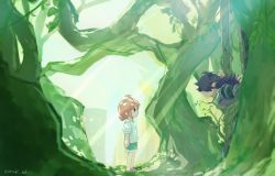 Rule 34 | 1boy, 1girl, aqua shorts, branch, by free mind, dappled sunlight, fengxi (the legend of luoxiaohei), highres, leaf, luo xiaobai, pink hair, plant, profile, sandals, shirt, short hair, short sleeves, shorts, standing, sunlight, luo xiaohei zhanji, tree, twitter username, vines, white shirt, wide shot