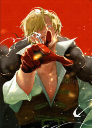Rule 34 | 1boy, blonde hair, blue eyes, cigarette, coat, collared shirt, curly eyebrows, facial hair, from below, fujisee, fur coat, gloves, goatee, hair over one eye, highres, holding, holding cigarette, looking at viewer, male focus, one piece, one piece film: z, red background, sanji (one piece), shirt, simple background, solo, twitter username, upper body, waistcoat, white shirt