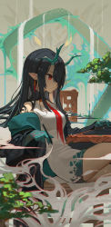 Rule 34 | 1girl, absurdres, arknights, black hair, black jacket, bonsai, breasts, chair, clay (clayjun), closed mouth, colored skin, commentary request, corrupted metadata, cowboy shot, dragon, dragon girl, dragon horns, drawing tablet, dress, dusk (arknights), earrings, eastern dragon, expressionless, green hair, green skin, hair between eyes, hair over one eye, highres, holding, horns, inkwell, jacket, jewelry, long hair, medium breasts, multicolored hair, multicolored skin, necktie, plant, pointy ears, red eyes, red necktie, sleeveless, sleeveless dress, solo, straight hair, streaked hair, stylus, table, tassel, tassel earrings, thighs, two-tone hair, white dress