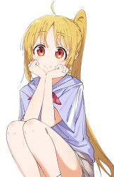 Rule 34 | 1girl, absurdres, ahoge, blonde hair, bocchi the rock!, brown skirt, closed mouth, feet out of frame, highres, ijichi nijika, long hair, looking at viewer, one side up, purple shirt, red eyes, shirt, short sleeves, simple background, skirt, smile, socks, solo, white background, white socks, yoru kiri