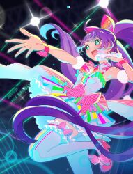 Rule 34 | 1girl, :d, ahoge, bow, breasts, commentary request, dated, detached sleeves, dress, frilled thighhighs, frills, glowing clothes, green eyes, hair bow, hand up, highres, holding, holding microphone, hyakumangoku masurao, idol, idol clothes, long hair, manaka laala, microphone, multicolored clothes, multicolored dress, open mouth, outstretched arm, pink bow, pink footwear, pretty series, pripara, puffy detached sleeves, puffy sleeves, purple hair, shoes, small breasts, smile, solo, sparkle, standing, standing on one leg, thighhighs, treble clef, twintails, very long hair, white thighhighs