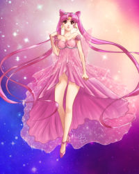 Rule 34 | 10s, 1girl, 2013, absurdres, aged up, bare legs, bare shoulders, bishoujo senshi sailor moon, chibi usa, cone hair bun, crescent, crescent facial mark, double bun, dress, earrings, facial mark, forehead mark, full body, gradient background, hair bun, highres, jewelry, lirahalovna, long hair, looking away, parted lips, pink dress, pink hair, red eyes, signature, small lady serenity, solo, sparkle, twintails, very long hair