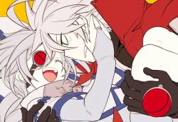 Rule 34 | 1boy, 1girl, :d, ahoge, bad id, bad twitter id, blazblue, bodysuit, cape, carrying, eyepatch, kuro yuzu, nu-13, open mouth, princess carry, ragna the bloodedge, silver hair, smile