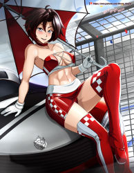 Rule 34 | 1girl, abs, absurdres, blush, boots, breasts, car, choker, cleavage, collarbone, gloves, grey eyes, highres, medium breasts, motor vehicle, navel, race queen, red footwear, ruby rose, rwby, scarf, seductive smile, short hair, sitting, skirt, smile, strapless, thigh boots, thighhighs, thighs, tube top, umbrella, vilde loh hocen, white gloves