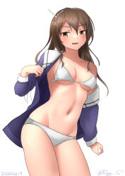 Rule 34 | 1girl, ashigara (kancolle), ashigara kai ni (kancolle), bikini, breasts, brother and sister, brown eyes, brown hair, dated commentary, groin, hairband, jacket, kantai collection, long hair, looking at viewer, medium breasts, military jacket, military uniform, navel, one-hour drawing challenge, open clothes, open jacket, purple jacket, ray.s, siblings, solo, swimsuit, uniform, wavy hair, white bikini, white hairband