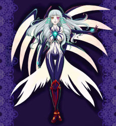 Rule 34 | 1girl, artist request, boots, breasts, emeraude (tales of graces), grey hair, hair ornament, heterochromia, jewelry, long hair, open mouth, purple background, tales of (series), tales of graces, wings
