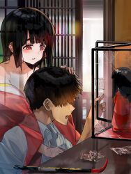 Rule 34 | 1boy, 1girl, bare shoulders, black hair, collarbone, commentary request, crack, cracked glass, crowbar, display case, doll, faceless, faceless male, funi mu9, ghost, hand on another&#039;s head, haunted doll, highres, japanese clothes, kimono, long hair, off shoulder, original, red eyes, red kimono, shirt, short hair, shouji, sliding doors, talisman, tearing up, white shirt