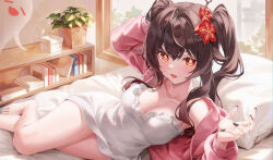 Rule 34 | 1girl, alternate costume, barefoot, bed, black nails, boo tao (genshin impact), book, breasts, brown hair, cleavage, commentary, dress, flower-shaped pupils, foot out of frame, genshin impact, ghost, hair ornament, highres, hitodama, hu tao (genshin impact), looking at viewer, lying, medium breasts, myless, nightgown, on bed, on side, open mouth, pillow, pink sweater, plant, potted plant, red eyes, shelf, sweater, symbol-shaped pupils, thighs, twintails, white dress, white nightgown, window