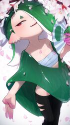 Rule 34 | 1girl, black pants, breasts, cherry blossoms, chest sarashi, green hair, hair over one eye, hand fan, highres, holding, holding fan, kashu (hizake), nintendo, octoling, open mouth, pants, petals, red eyes, sarashi, shiver (splatoon), sideways glance, small breasts, smile, solo, splatoon (series), splatoon 3
