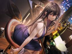 Rule 34 | 1girl, alcohol, ass, bare shoulders, black eyes, black hair, blush, bottle, bracelet, breasts, chair, dress, glass, highres, jewelry, large breasts, long hair, looking at viewer, nanaken nana, necklace, no bra, original, parted lips, sideboob, sitting, solo, very long hair, wine, wine bottle