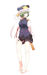 Rule 34 | 1girl, arm behind back, bad id, bad pixiv id, barefoot, black skirt, full body, green eyes, green hair, hat, highres, legs, long sleeves, looking to the side, miniskirt, non (z-art), red ribbon, ribbon, ribbon-trimmed skirt, ribbon trim, rod of remorse, shiki eiki, short hair, simple background, skirt, solo, standing, touhou, white background, white ribbon