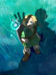 Rule 34 | 1boy, blonde hair, blue eyes, boots, brown footwear, fairy, feet out of frame, from above, full body, ganondorf, grass, green headwear, green tunic, hat, highres, link, looking at viewer, looking up, navi, nintendo, oim8n, outdoors, parted bangs, parted lips, rain, shadow, shield, shield on back, standing, the legend of zelda, the legend of zelda: ocarina of time, young link