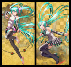 Rule 34 | 1girl, anklet, aqua hair, barefoot, blue eyes, boots, bridal gauntlets, checkered background, detached sleeves, feet, fingernails, hatsune miku, hatsune miku (append), jewelry, legs, long hair, nail polish, necktie, open mouth, skirt, smile, thigh boots, thighhighs, thighs, toenail polish, toenails, toes, twintails, very long hair, vocaloid, vocaloid append, wokada, zettai ryouiki