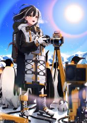 Rule 34 | 1girl, :d, animal, anklet, arknights, backpack, bag, bird, black footwear, black hair, blue sky, blurry, blurry foreground, blush, breath, camera, coat, cold, day, depth of field, earrings, emperor penguin, full body, gloves, highres, holding, holding camera, ice axe, ice skates, infection monitor (arknights), jewelry, kasasasagi, long sleeves, looking afar, looking away, magallan (arknights), mountainous horizon, multicolored hair, open mouth, orange eyes, outdoors, penguin, rope, skates, sky, smile, solo, standing, streaked hair, sun halo, sunlight, two-tone hair, white gloves, white hair, zipper pull tab