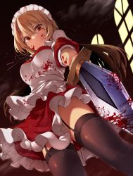 Rule 34 | 1girl, absurdres, apron, blonde hair, blood, bloody weapon, breasts, feet out of frame, foreshortening, frilled apron, frills, from below, full moon, garter belt, garter straps, highres, knife, looking at viewer, maid apron, maid headdress, midori (misuriru8), moon, night, perspective, solo, thighhighs, touhou, touhou (pc-98), waist apron, weapon, white apron, yumeko (touhou)