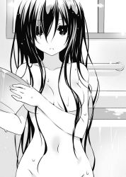 Rule 34 | 10s, 1girl, bathroom, black eyes, bow, breasts, character request, cleavage, collarbone, convenient censoring, date a live, greyscale, groin, hair bow, hair censor, holding, indoors, long hair, looking at viewer, medium breasts, monochrome, navel, novel illustration, nude, official art, parted lips, solo, tsunako, wet, wet hair