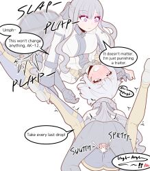 Rule 34 | 1futa, 1girl, absurdres, ak-12 (girls&#039; frontline), black gloves, black pants, blush, braid, breasts, clenched teeth, closed mouth, clothed sex, cum, cum in pussy, cum overflow, english text, french braid, futa with female, futanari, girl on top, girls&#039; frontline, gloves, grey hair, highres, large breasts, legs up, long hair, long sleeves, lying, mating press, multiple girls, on back, pants, penis, physisyoon, ponytail, purple eyes, rpk-16 (girls&#039; frontline), sex, shirt, short hair, simple background, speech bubble, teeth, vaginal, white background
