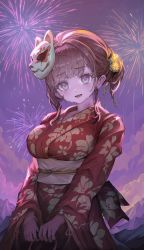 Rule 34 | 1girl, :d, aerial fireworks, breasts, brown eyes, brown hair, cloud, collarbone, commentary, cowboy shot, crying, crying with eyes open, fireworks, floral print, flower, fox mask, hair flower, hair ornament, highres, japanese clothes, kimono, large breasts, long sleeves, looking at viewer, mask, mask on head, mountainous horizon, obi, obidome, obijime, open mouth, original, outdoors, own hands together, sash, short ponytail, sidelocks, smile, solo, symbol-only commentary, tears, voruvoru, wide sleeves, yukata