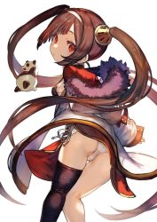 Rule 34 | 1girl, azur lane, black thighhighs, breasts, brown hair, bukurote, chinese clothes, jacket, long hair, looking at viewer, looking back, panda, panties, ping hai (azur lane), red eyes, sideboob, small breasts, solo, thighhighs, twintails, underwear, white background