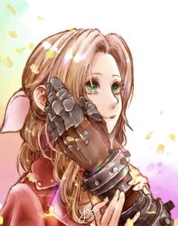 Rule 34 | 1boy, 1girl, aerith gainsborough, artist name, braid, braided ponytail, brown gloves, brown hair, closed mouth, cloud strife, falling petals, final fantasy, final fantasy vii, final fantasy vii rebirth, final fantasy vii remake, gloves, green eyes, hair ribbon, hand in another&#039;s hair, hand on another&#039;s cheek, hand on another&#039;s face, hetero, highres, holding another&#039;s wrist, jacket, long hair, looking at another, parted bangs, petals, pink ribbon, red jacket, ribbon, sidelocks, single braid, smile, upper body, wavy hair, yco 030601, yellow petals