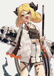 Rule 34 | 1girl, :d, absurdres, arknights, black choker, black jacket, black shirt, blonde hair, canister, choker, cowboy shot, demon girl, demon horns, demon tail, fang, feathers, flamethrower, grey background, gun, hair between eyes, hands up, highres, holding, holding gun, holding weapon, horns, id card, ifrit (arknights), jacket, looking at viewer, material growth, open mouth, orange eyes, oripathy lesion (arknights), shirt, short hair, short twintails, simple background, skirt, smile, solo, tail, thigh strap, twintails, v-shaped eyebrows, weapon, white skirt, yoon cook