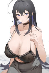 Rule 34 | 1girl, absurdres, ahoge, arm support, bare arms, bare shoulders, black hair, blue eyes, blue hair, breasts, choker, cleavage, collarbone, colored inner hair, commentary request, covered erect nipples, crossed bangs, grey pantyhose, hand up, highres, jewelry, large breasts, long hair, looking at viewer, multicolored hair, no shoes, original, pantyhose, ring, sitting, solo, strap gap, studded choker, very long hair, wedding band, yoyo (550098)