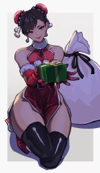 Rule 34 | 1girl, absurdres, ap cammy, bare shoulders, border, brown eyes, brown hair, bun cover, capcom, chun-li, commentary request, double bun, dress, full body, fur-trimmed gloves, fur trim, gift, gloves, grey background, hair bun, highres, holding, holding gift, kneeling, looking at viewer, open mouth, pink lips, red gloves, short hair, sleeveless, sleeveless dress, smile, solo, street fighter, teeth, thick thighs, thighs, upper teeth only, white border