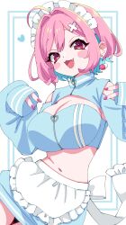 Rule 34 | 1girl, :3, absurdres, ahoge, apron, blue bra, blue jacket, blue skirt, blush stickers, bob cut, bra, breasts, cleavage, clothing cutout, colored inner hair, commentary request, double v, earrings, fang, fingernails, frilled apron, frilled headwear, frills, hair intakes, hair ornament, heart, highres, huge breasts, idolmaster, idolmaster cinderella girls, idolmaster cinderella girls starlight stage, jacket, jewelry, leaning to the side, long sleeves, looking at viewer, maid headdress, medium hair, midriff, multicolored hair, nail polish, navel, open mouth, pill earrings, pink eyes, pink hair, pink nails, shoulder cutout, shrug (clothing), skirt, sleeves past wrists, smile, solo, stomach, sukoyaka (100hituzi), thighs, tongue, two-tone hair, underwear, v, waist apron, white apron, white background, white headdress, x hair ornament, yumemi riamu, zipper