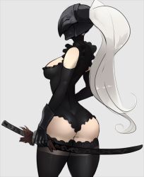 Rule 34 | 1girl, ass, black thighhighs, breasts, cowboy shot, dark souls (series), dark souls iii, detached sleeves, elbow gloves, frills, from behind, gauntlets, gloves, grey background, helmet, holding, holding sword, holding weapon, katana, leotard, long hair, medium breasts, ponytail, scathegrapes, sheath, sheathed, silver hair, simple background, solo, sword, thick thighs, thighhighs, thighs, weapon, wide hips, yuria of londor