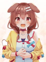 Rule 34 | 1girl, :d, animal collar, animal ears, blush, bone hair ornament, bracelet, braid, brown eyes, brown hair, buttons, collar, dog ears, dog girl, dress, hair between eyes, hair ornament, hairclip, highres, hololive, inugami korone, inugami korone (1st costume), jacket, jewelry, long hair, looking at viewer, low twin braids, minazuki mizu, off shoulder, open mouth, palm-fist tap, red collar, smile, solo, thick eyebrows, twin braids, twintails, upper body, virtual youtuber, white dress, yellow jacket