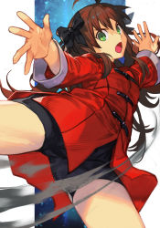 Rule 34 | 1girl, action, ahoge, arima miyako, bare legs, bike shorts, black bow, black shorts, bow, brown hair, chinese clothes, cowboy shot, from below, green eyes, hair bow, hungry clicker, jacket, kicking, leaning back, long hair, long sleeves, looking at viewer, martial arts, melty blood, open mouth, outstretched arm, perspective, red jacket, shorts, sidelocks, solo, spread legs, standing, standing on one leg, tangzhuang, thighs, tsukihime, v-shaped eyebrows
