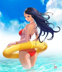 Rule 34 | 1girl, absurdres, artist name, ass, back, bare arms, bare shoulders, bikini, black eyes, black hair, blue sky, bracelet, breasts, choi eun suk, closed mouth, cloud, cloudy sky, commentary request, day, fingernails, floating hair, from behind, halterneck, highres, innertube, jewelry, long fingernails, long hair, looking at viewer, looking back, medium breasts, nose, ocean, original, outdoors, parted bangs, partially translated, pink lips, red bikini, sideboob, sky, smile, solo, swept bangs, swim ring, swimsuit, translation request, twisted neck, very long hair, wading, water, wind, wristband