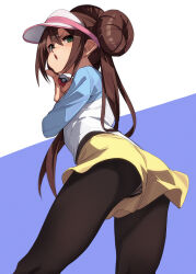 Rule 34 | 1girl, blue background, brown hair, commentary, creatures (company), double bun, doughnut hair bun, fu-ta, game freak, green eyes, hair between eyes, hair bun, highres, holding, holding poke ball, long hair, long sleeves, looking at viewer, nintendo, panties, panties under pantyhose, pantyhose, poke ball, pokemon, pokemon bw2, raglan sleeves, rosa (pokemon), shorts, solo, standing, twintails, two-tone background, underwear, upshorts, visor cap, white background, yellow shorts