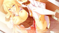 Rule 34 | 1girl, blonde hair, blue eyes, blush, bra, bra lift, grabbing another&#039;s breast, breasts, censored, clothed sex, donuthouse, furoura aruse noriumu neon, game cg, grabbing, large breasts, leg up, legs, long hair, mayachi (amuriya), mosaic censoring, nipples, no panties, open clothes, open mouth, penis, pussy, school uniform, sex, skirt, thighs, underwear, vaginal, valkyrie runabout!