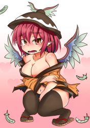 Rule 34 | 1girl, animal ears, bare shoulders, bird wings, black panties, black thighhighs, blush, breasts, clothes down, collarbone, curvy, earrings, embarrassed, feathers, japanese clothes, jewelry, kimono, kokoperiiche, large breasts, looking at viewer, mystia lorelei, navel, nukoimo, open mouth, panties, pink eyes, pink hair, plump, sandals, solo, squatting, tears, thick thighs, thighhighs, thighs, touhou, underwear, wardrobe malfunction, wide hips, winged hat, wings