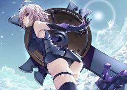 Rule 34 | 1girl, armor, armored dress, ass, breasts, cloud, cloudy sky, day, detached sleeves, elbow gloves, fate/grand order, fate (series), gloves, hair over one eye, highres, large breasts, looking at viewer, mash kyrielight, parted lips, purple eyes, purple gloves, purple hair, purple legwear, short hair, shunichi, skindentation, sky, solo, standing, standing on one leg, sun, sunlight, thigh strap, thighs