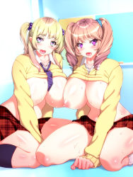 Rule 34 | 2girls, blonde hair, blush, breasts, brown hair, chalkboard, classroom, clothes lift, collared shirt, diagonal-striped neckwear, eyebrows, green eyes, happy, heart, heart-shaped pupils, highres, huge breasts, indoors, legs, long hair, long sleeves, looking at viewer, multiple girls, nabesekizaiten, navel, necktie, nipples, no bra, open mouth, original, purple eyes, school, school uniform, shiny skin, shirt, shirt lift, sitting, skirt, smile, socks, striped neckwear, sweat, symbol-shaped pupils, thighs, twintails